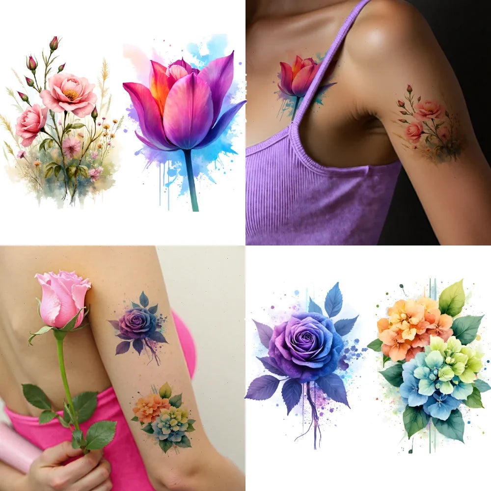 9-Pack Waterproof Temporary Tattoo Stickers – Flowers & Art