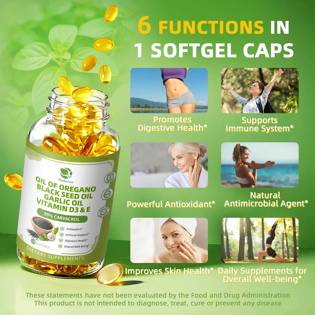 Oregano Oil Capsules + Black Seed Oil, Garlic, Vitamin D3 & E