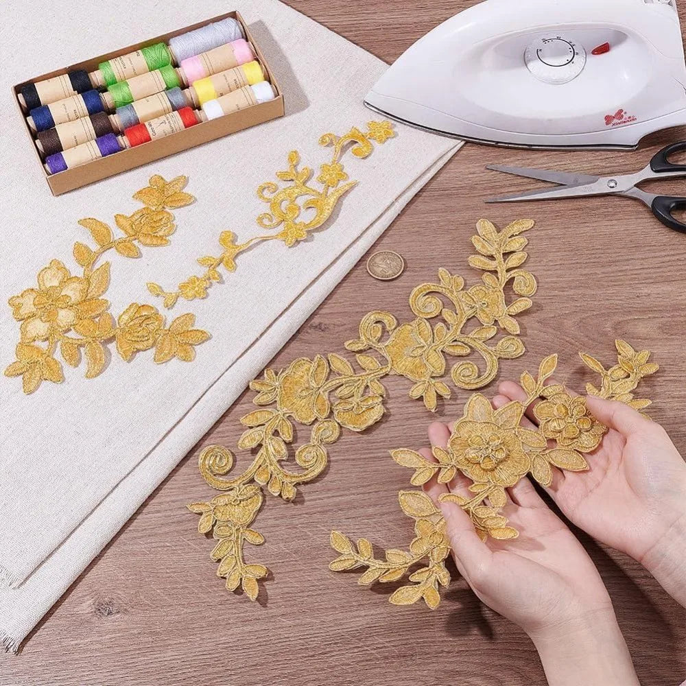 8-Pc Golden Lace Flower Iron-On Sew-On Embroidery Patches