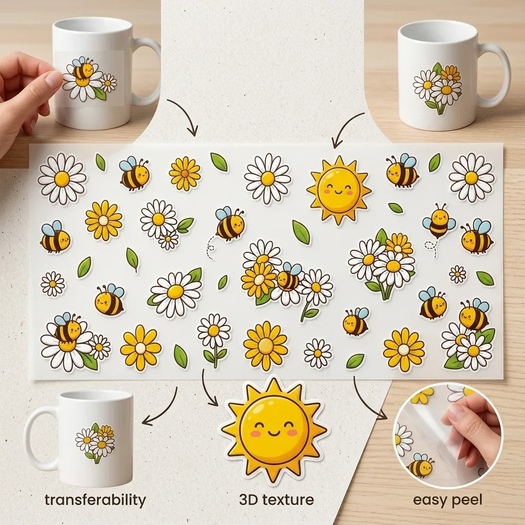 Bee & Daisy UV DTF Waterproof Stickers – DIY Decals for Cups