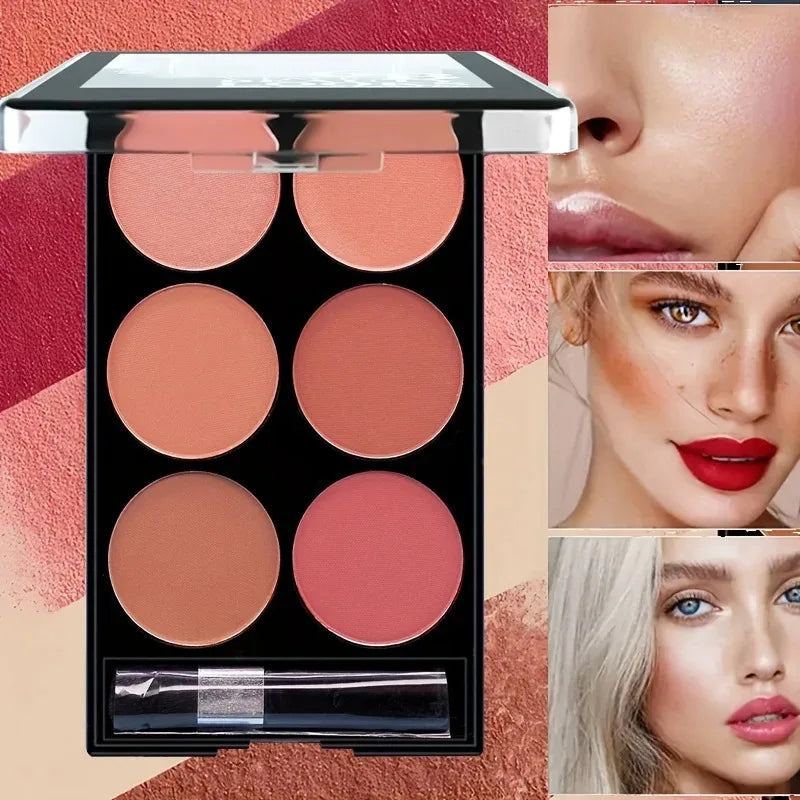6-Color Blush & Contour Palette – Pearlescent & Matte Powder