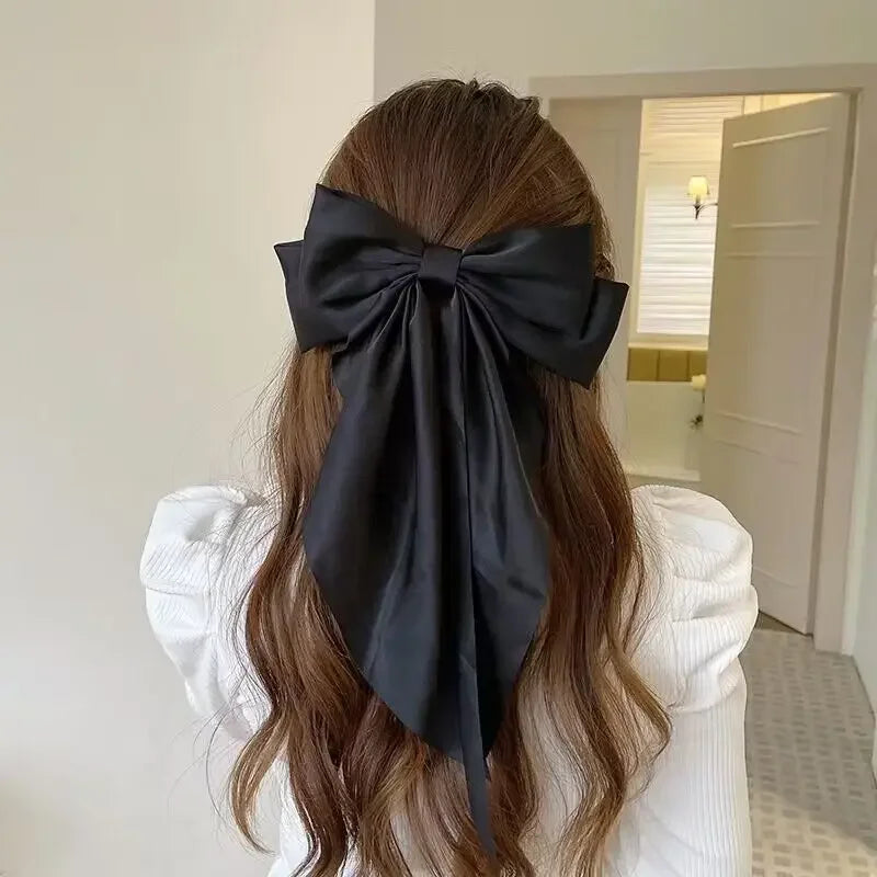 Solid Satin Bow Ribbon Hair Clips Women Elegant Bowknot Hairpins