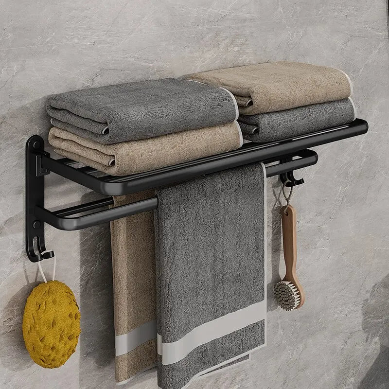 Matte Black Folding Double Bar Towel Rack | Wall Mount + Hook