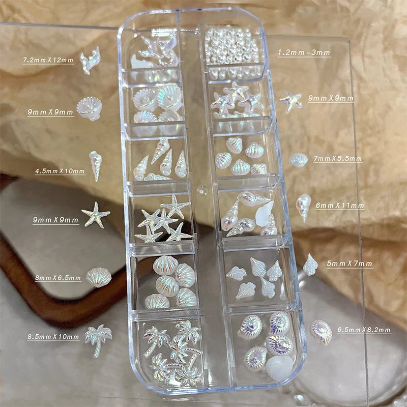 3D Ocean Nail Charms – Shell, Starfish & Mermaid 12-Grid Box