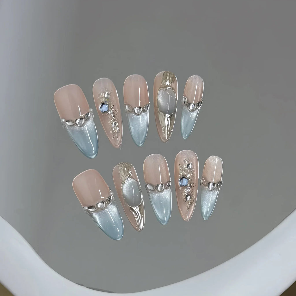 Blue Cat Eye Press On Nails – Glitter Diamond Almond 10pc