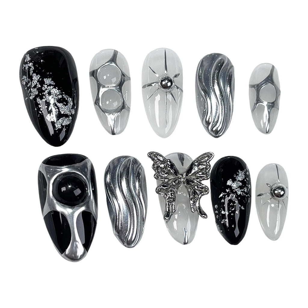 3D Butterfly Press On Nails – Black Silver Almond False Nails
