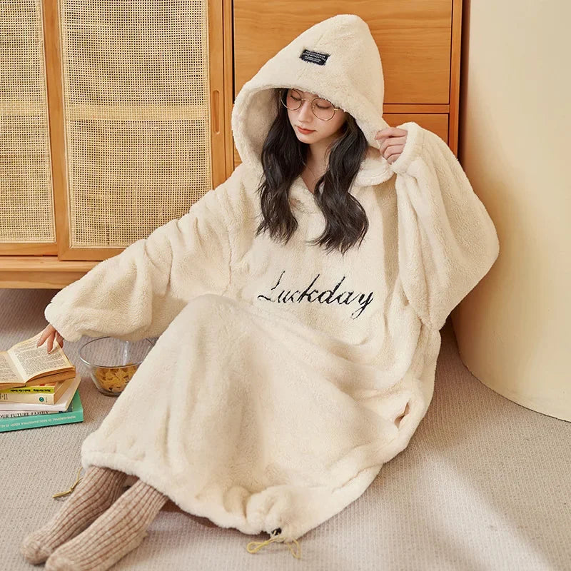 Women's Hooded Coral Velvet Nightgown – Plush Flannel Pajama Dress