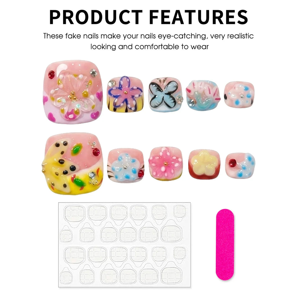 Handmade Graffiti Press On Toe Nails – 3D Crystal Flowers 12pcs