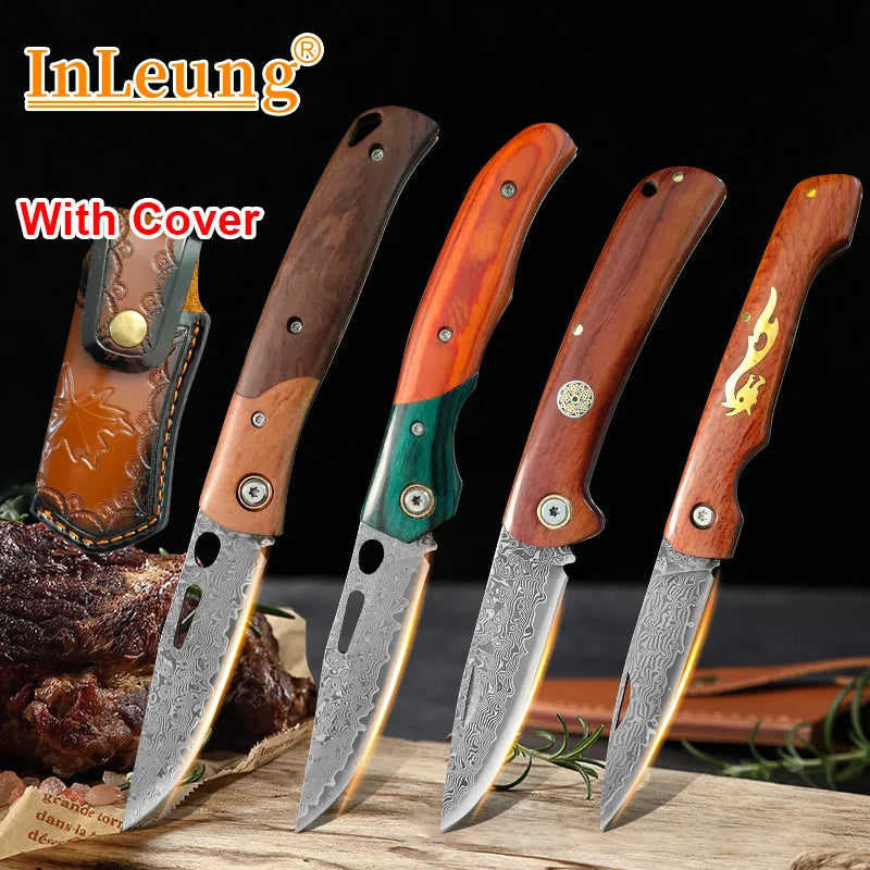 Damascus Steel Folding Knife – Sharp Wood Handle Kitchen Knife