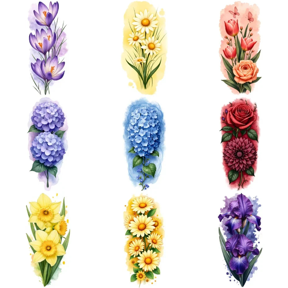 9-Pack Floral Temporary Tattoos – Waterproof Flower Designs
