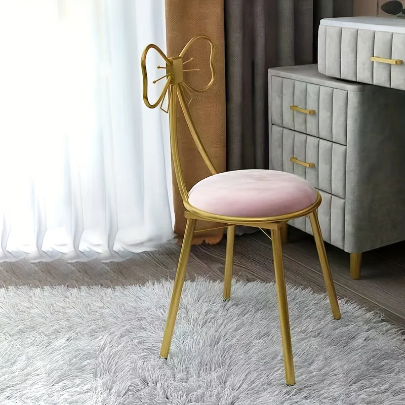 Pink Bow Tie Vanity Makeup Stool – Cushioned Dressing Chair