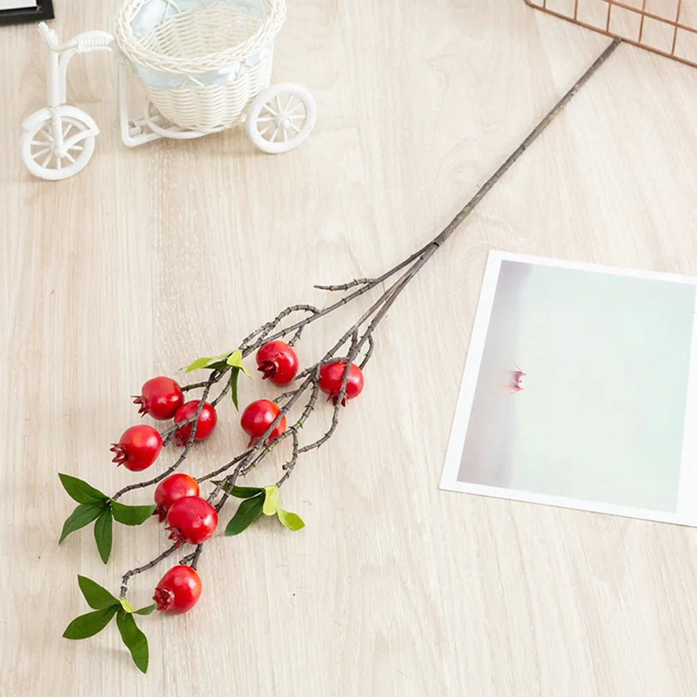 2colors 9 Heads Fake Pomegranate Branch Leaves Lifelike Red Orange