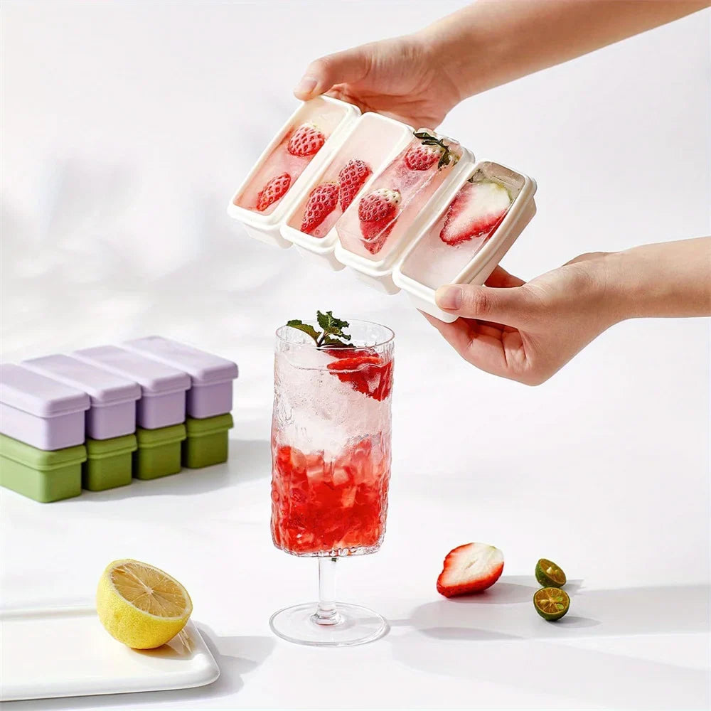 4 Grids Silicone Ice Cubes Trays Lid Homemade Popsicle Mould Food