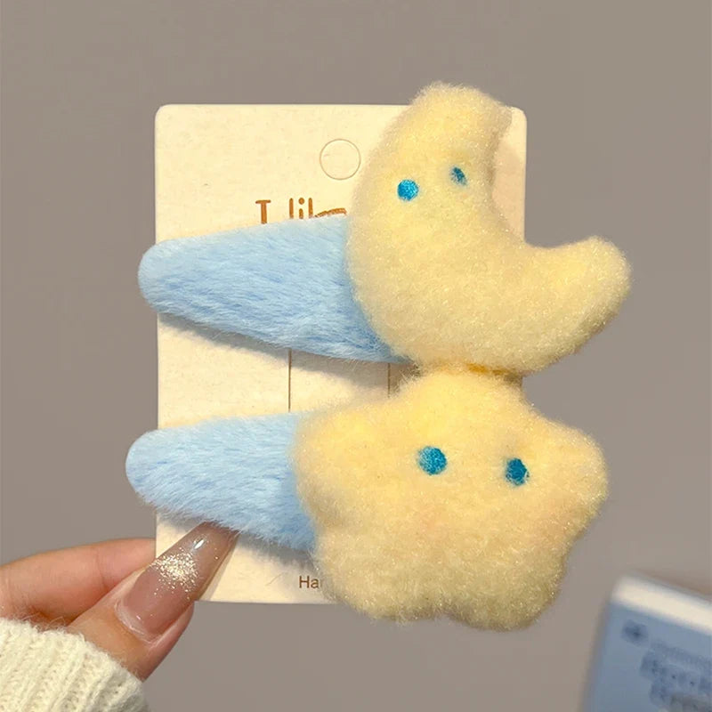 Cute Autumn Winter Plush Moon Star Hair Clip Womens Side Bangs