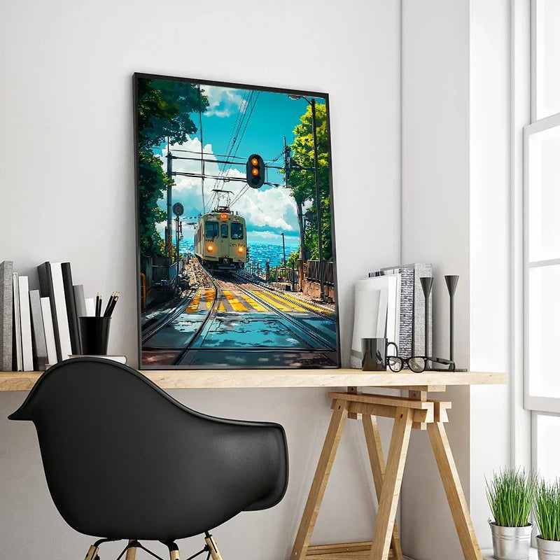 Japanese Anime Landscape Canvas Print | Tram Train Ocean Wall Art