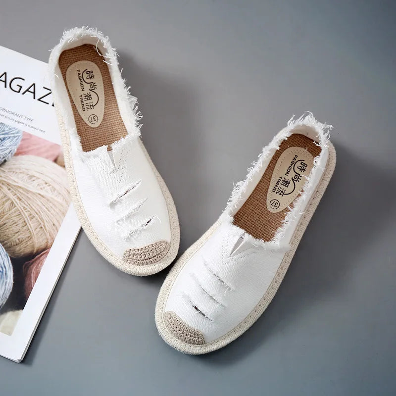 Women's Flat Slip-On Canvas Loafers – Casual Ripped Lazy Shoes