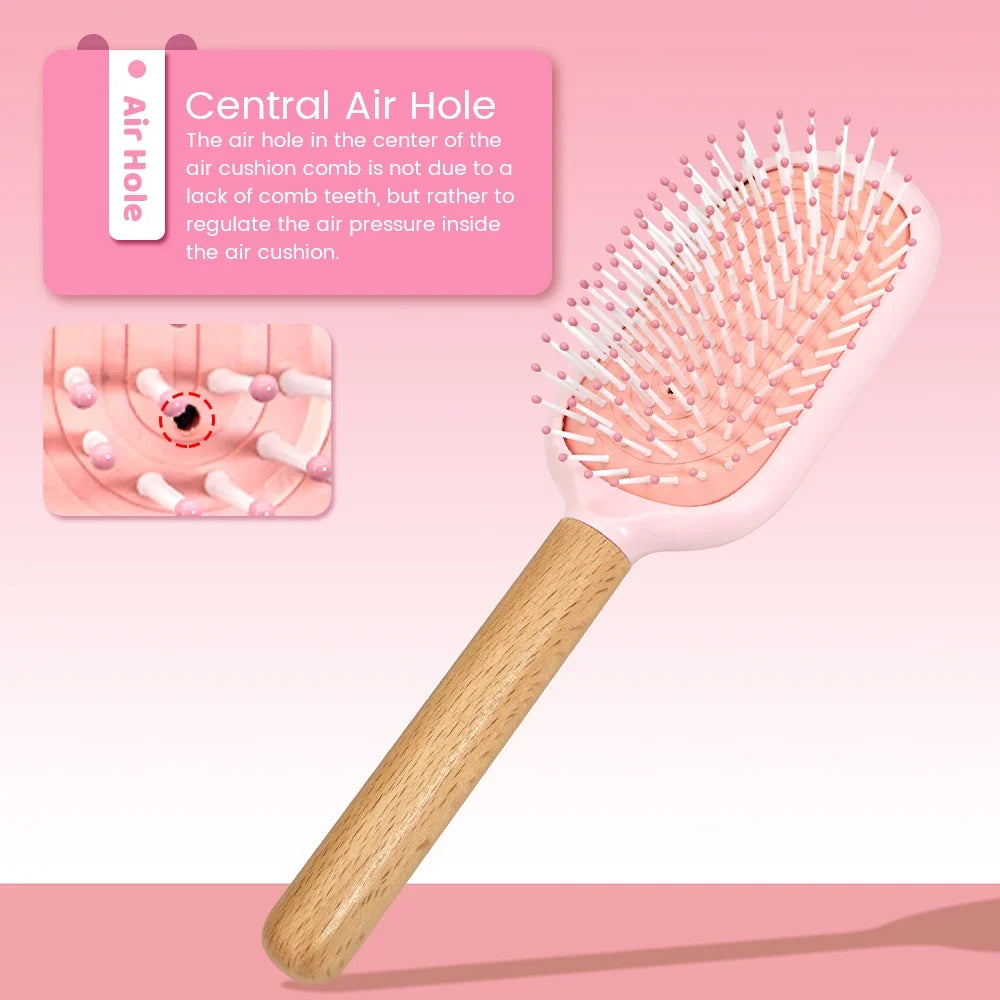 Pastel Air Cushion Hair Brush – Oak Wood Handle & Soft Bristles