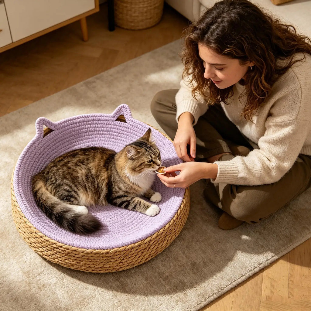 Round Cat Scratcher Breathable Pad Kitten Ear Design Cotton Rope