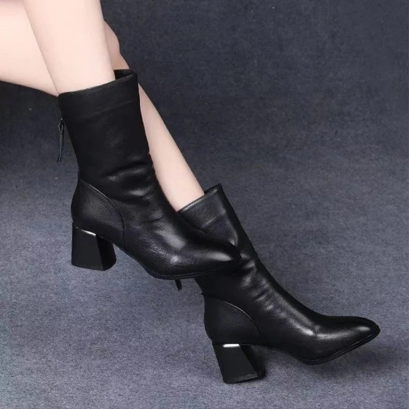 Women's Square Heel Ankle Boots – Anti-Slip PU Leather Zip Boot