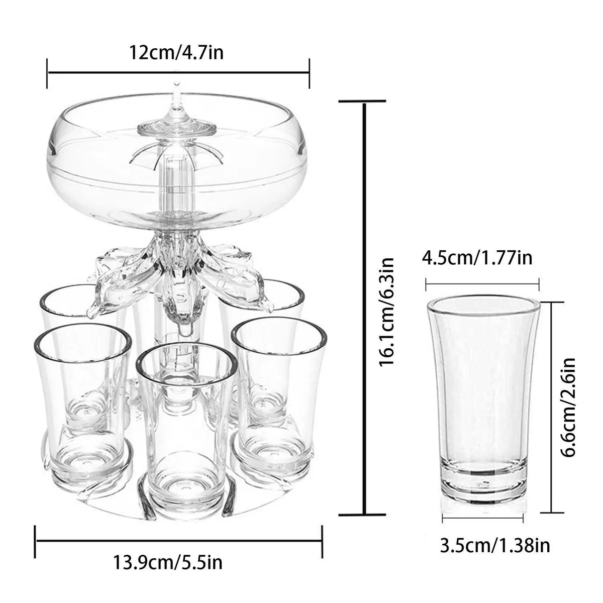 Shot Pourer Dispenser Liquor Cocktail 6 Shots Party Drink Glass