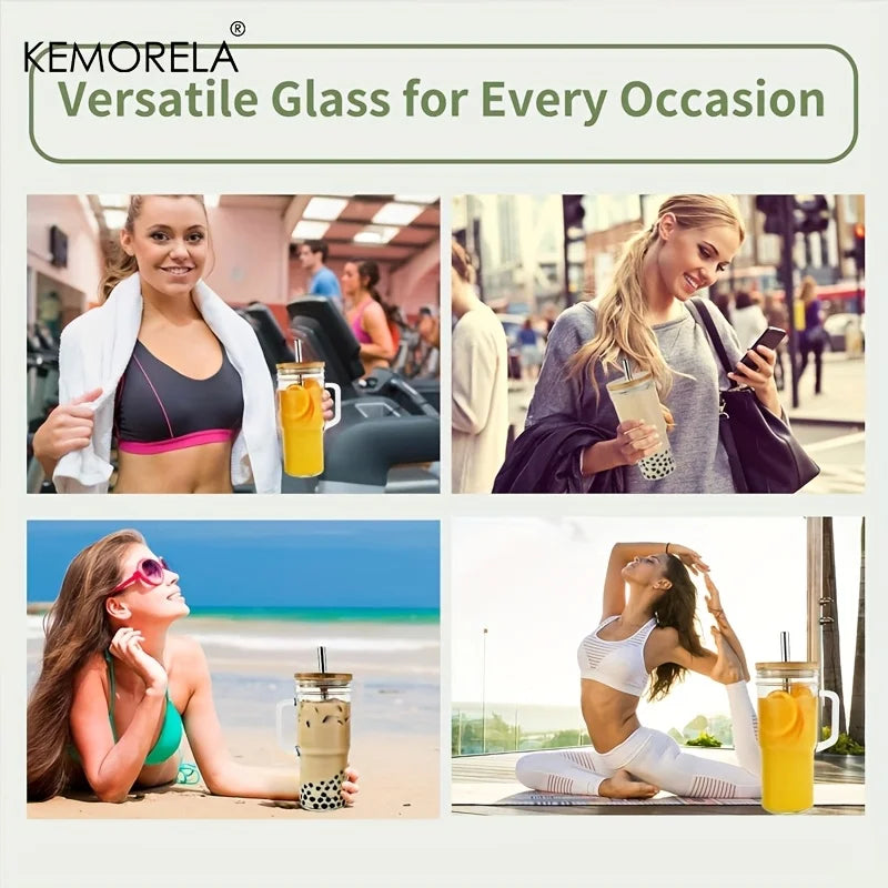 KEMORELA 700ml Glass Cup with Wooden Lid & Straw | Set of 1/2/4