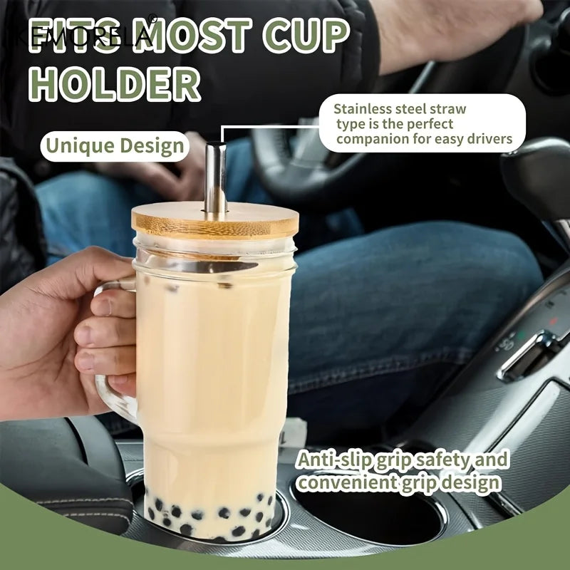 KEMORELA 700ml Glass Cup with Wooden Lid & Straw | Set of 1/2/4