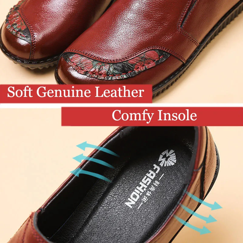 Women's Genuine Leather Retro Loafers – Wide Fit Flat Shoes