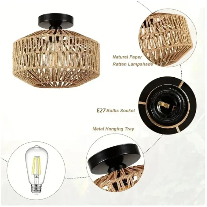 Hand-Woven Rattan Ceiling Lamp | E27 Boho Pendant Light
