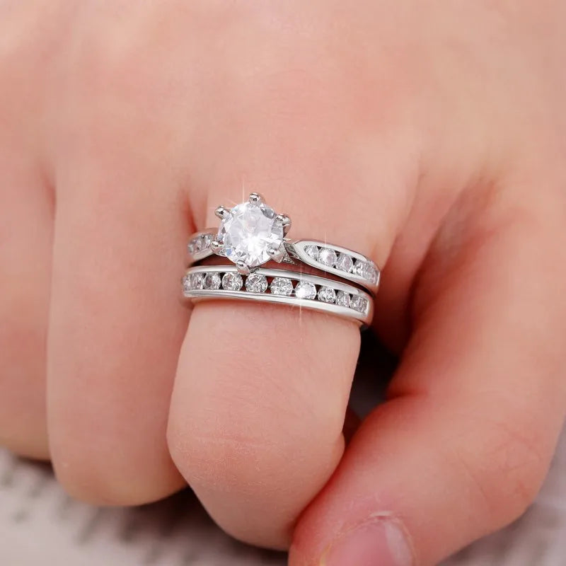 Huitan 2-Piece Round CZ Bridal Ring Set | Women's Eternity Rings