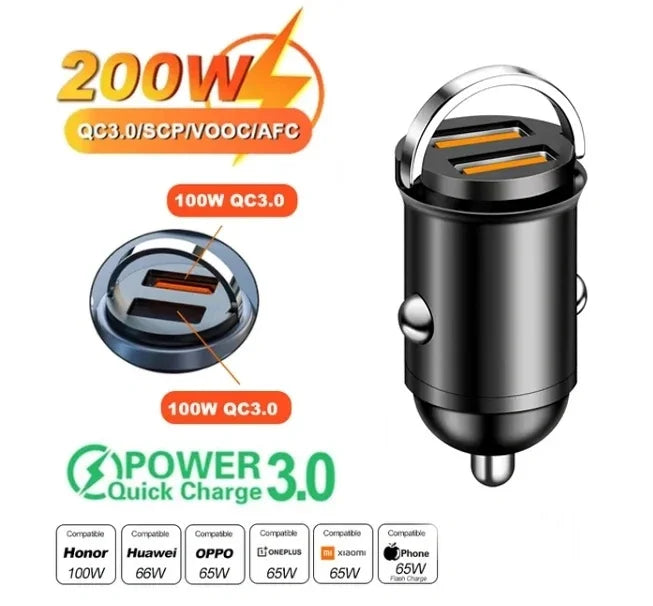 Dual Port 100W/200W Mini Car Charger USB-C Fast Charging Adapter