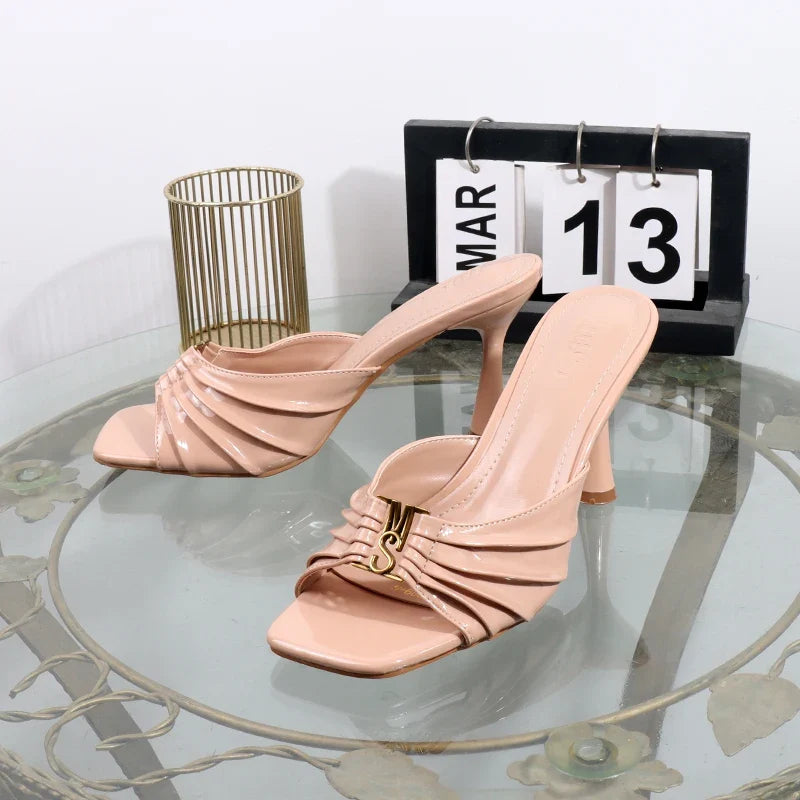 Women's High Heel Pleated Sandals – Metal Open Toe Stilettos