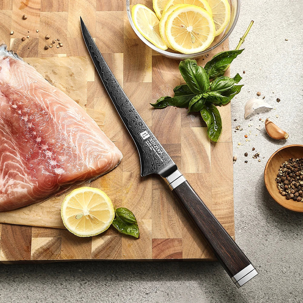 XINZUO 7.2" Damascus Steel Fillet Knife – Ebony Wood Handle