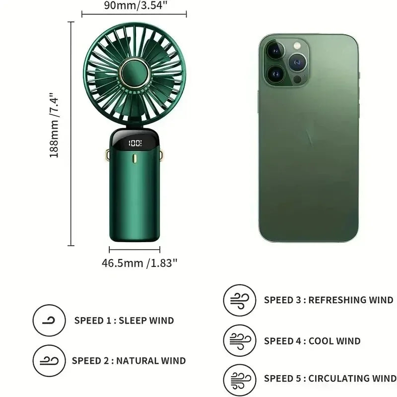 Portable Rechargeable Fan – LED Display, 5 Speeds, 90° Tilt