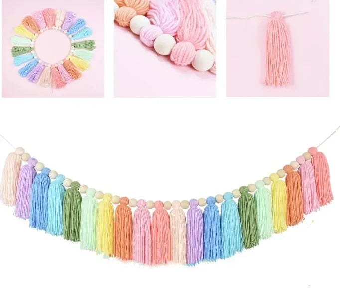 Rainbow Tassel Garland Colorful Pom Wood Bead Easter Spring Girls
