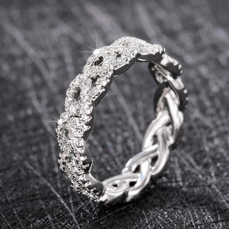 Huitan Twist Ring Women – Silver CZ Full-Pave Wedding Band