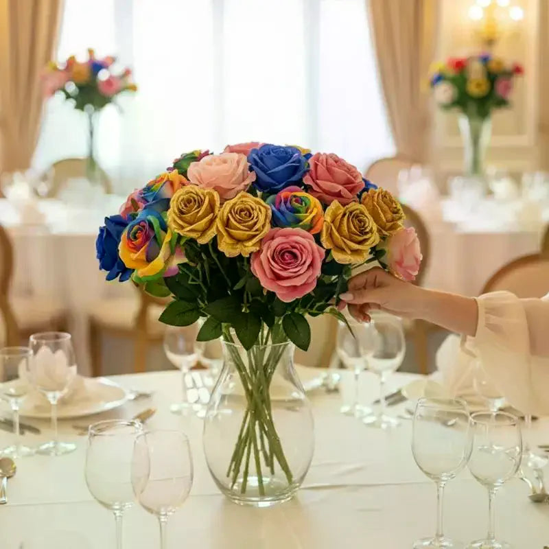 Rainbow Artificial Roses – Realistic Fake Flower Stems, 3pc Set