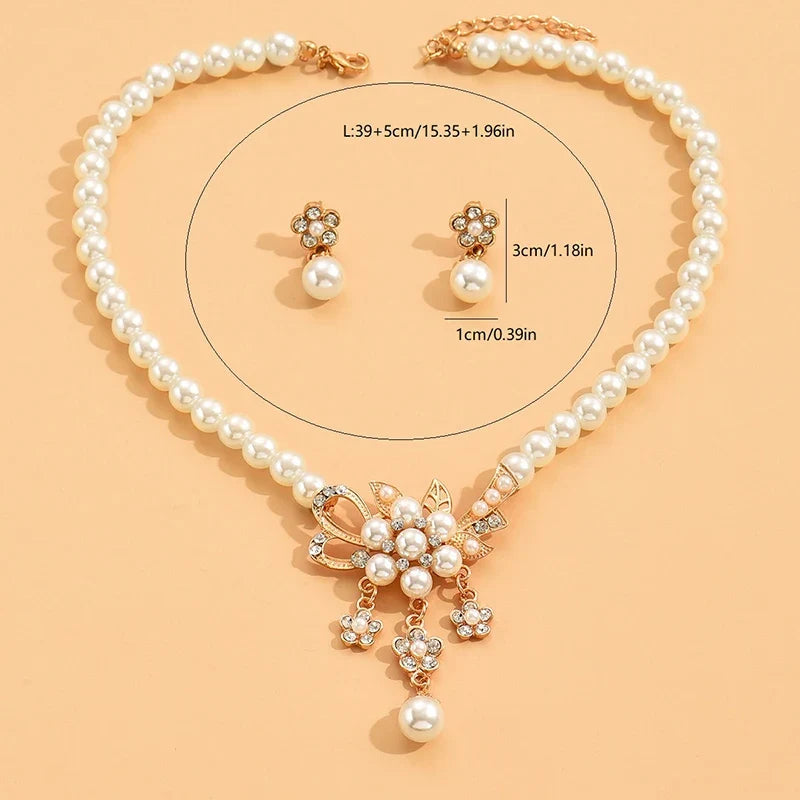 Women's Faux Pearl Rhinestone Flower Necklace & Earring Set