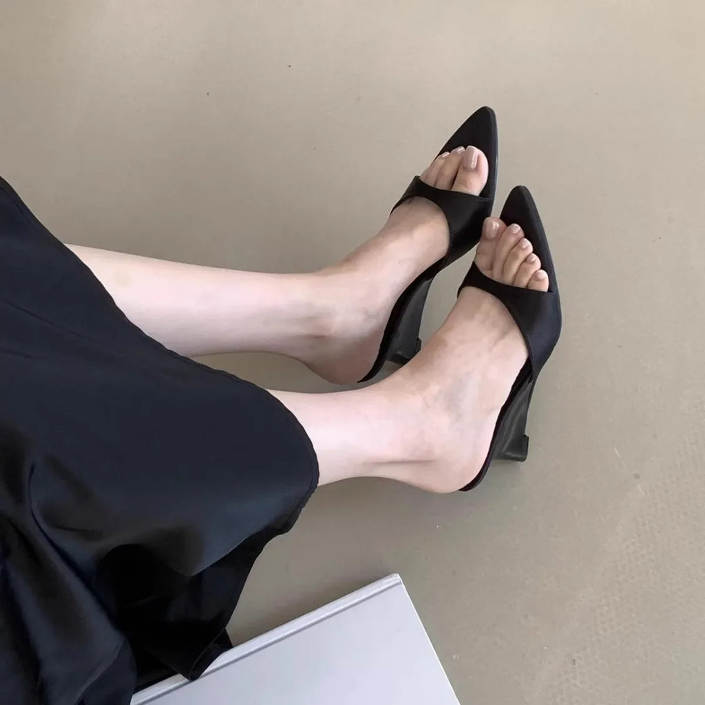 Women's Satin Wedge Slippers – Open Toe Slip-On Dress Slides