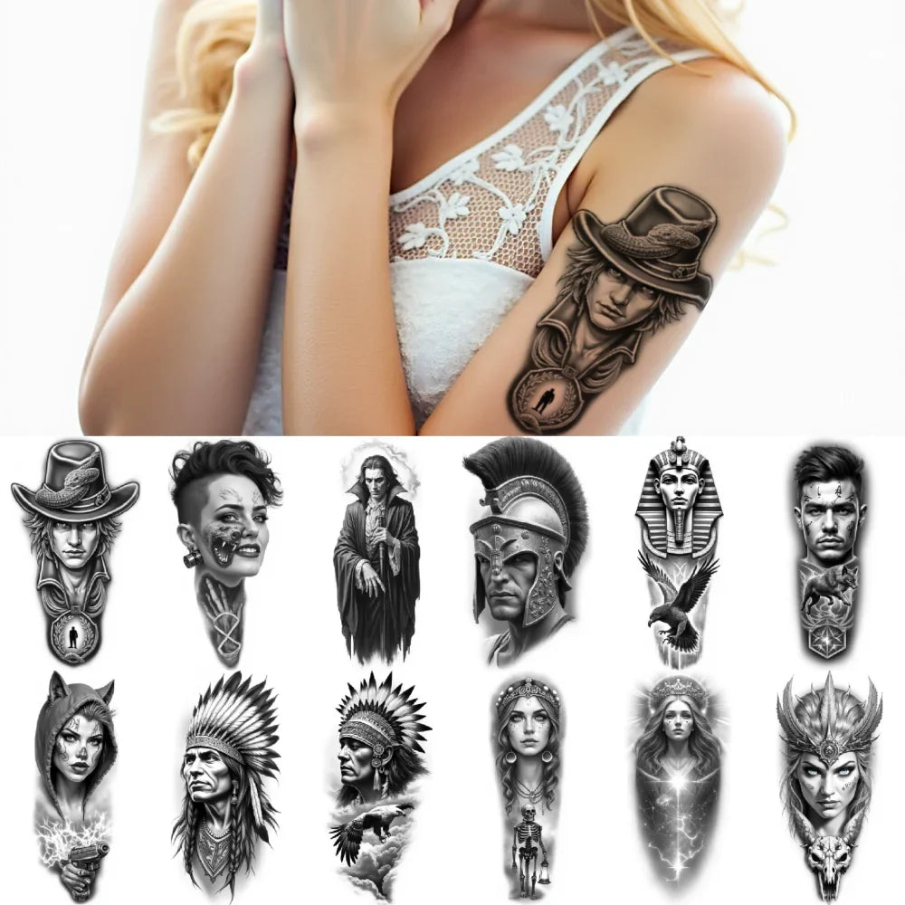12pc Black & Grey Temporary Tattoos – Skull, Warrior & Animal