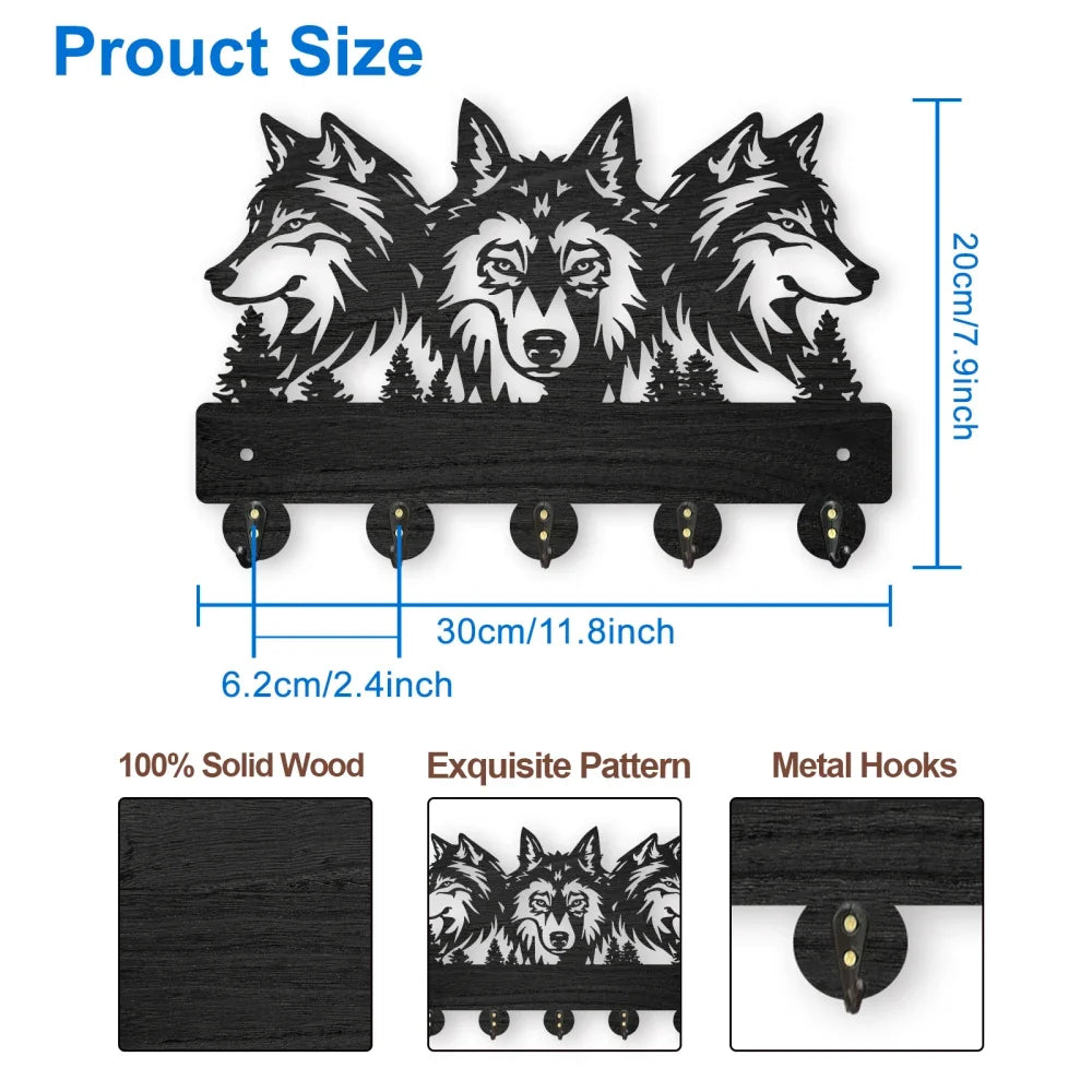 Wolf Forest Wood Wall Coat Rack – 5 Hook Key Holder 11.8in