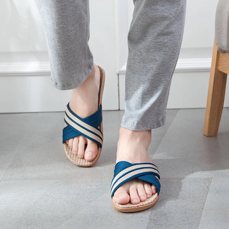 Men's Linen Open Toe Slippers | Indoor & Beach Flat Sandals