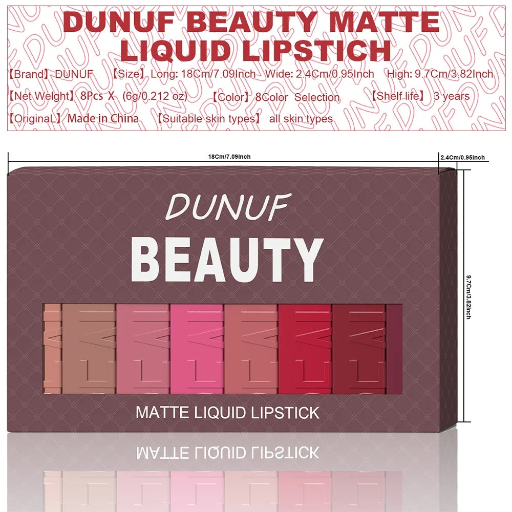 DUNUF Matte Lip Gloss 8pc Set – Waterproof Long-Lasting Nude