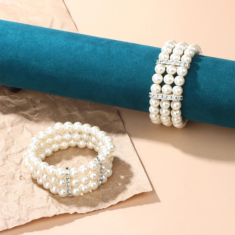 3-Row Pearl Rhinestone Stretch Bracelet | Multilayer Bangle