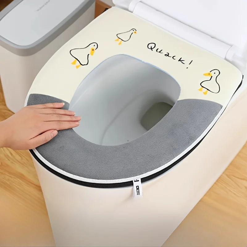 Cute Embroidery Toilet Seat Cover Zipper Soft Warmer Washable Mat Pad