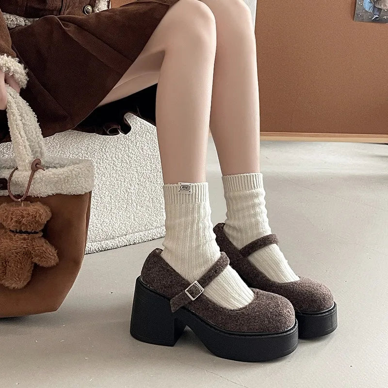 Women's Faux Suede Chunky Heel Pumps – Buckle Strap