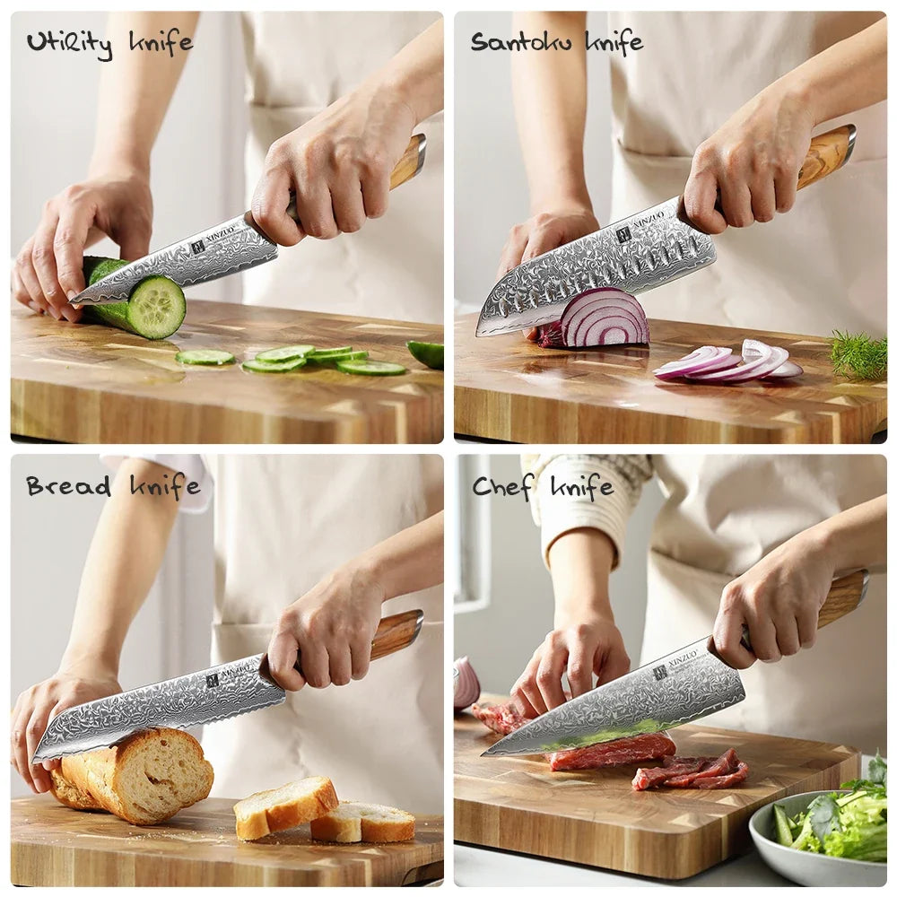 XINZUO 8-Pc Damascus Steel Knife Set – Olive Wood Handles