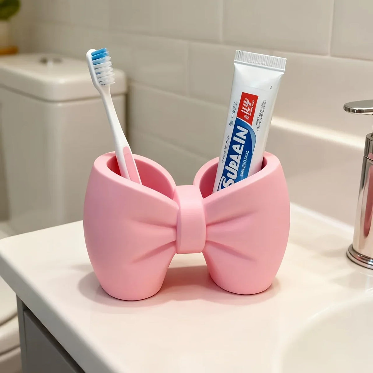 Creative Bow Toothbrush & Pen Holder – Freestanding Organizer