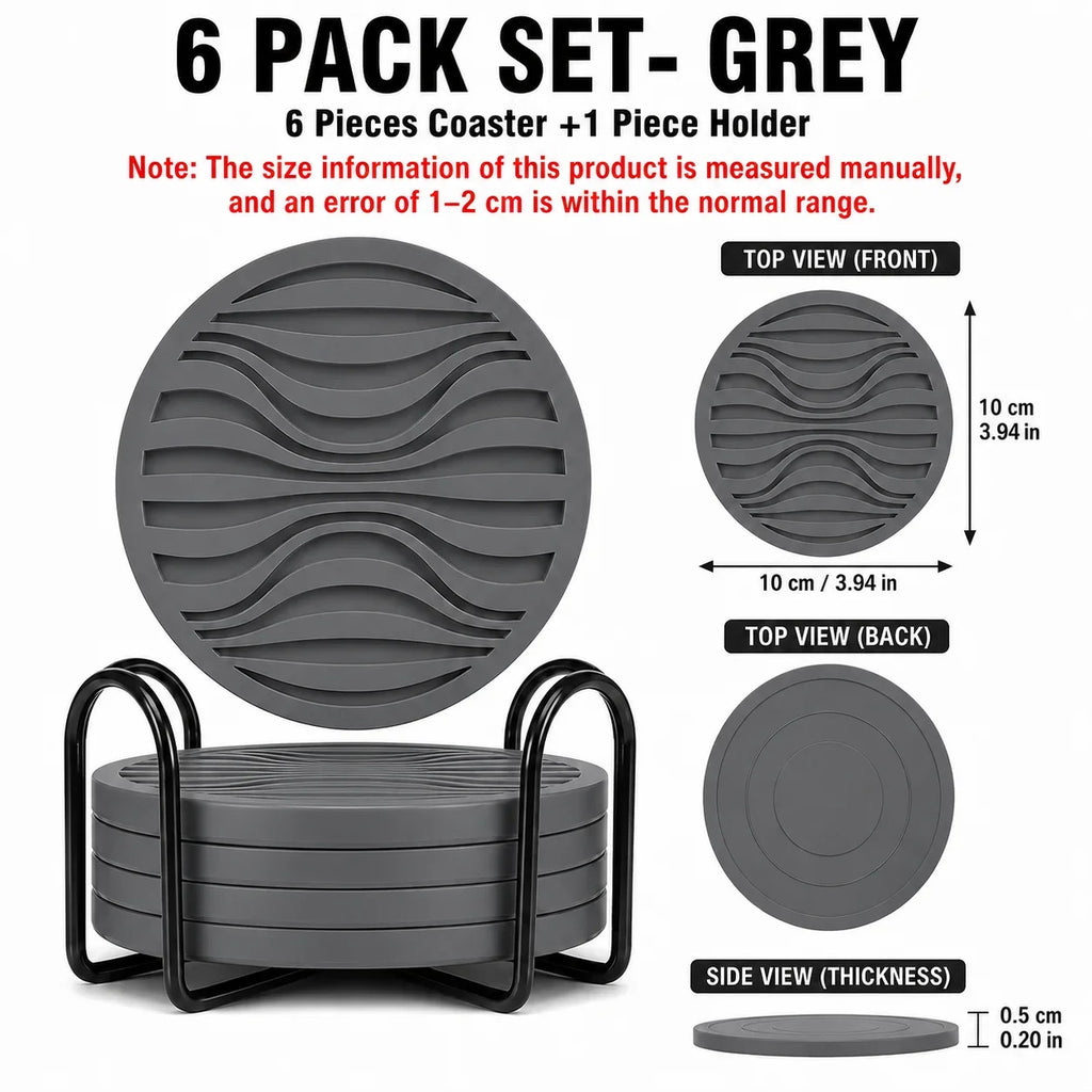 6-Pack Silicone Drink Coasters with Holder | Non-Slip, Heat Resistant
