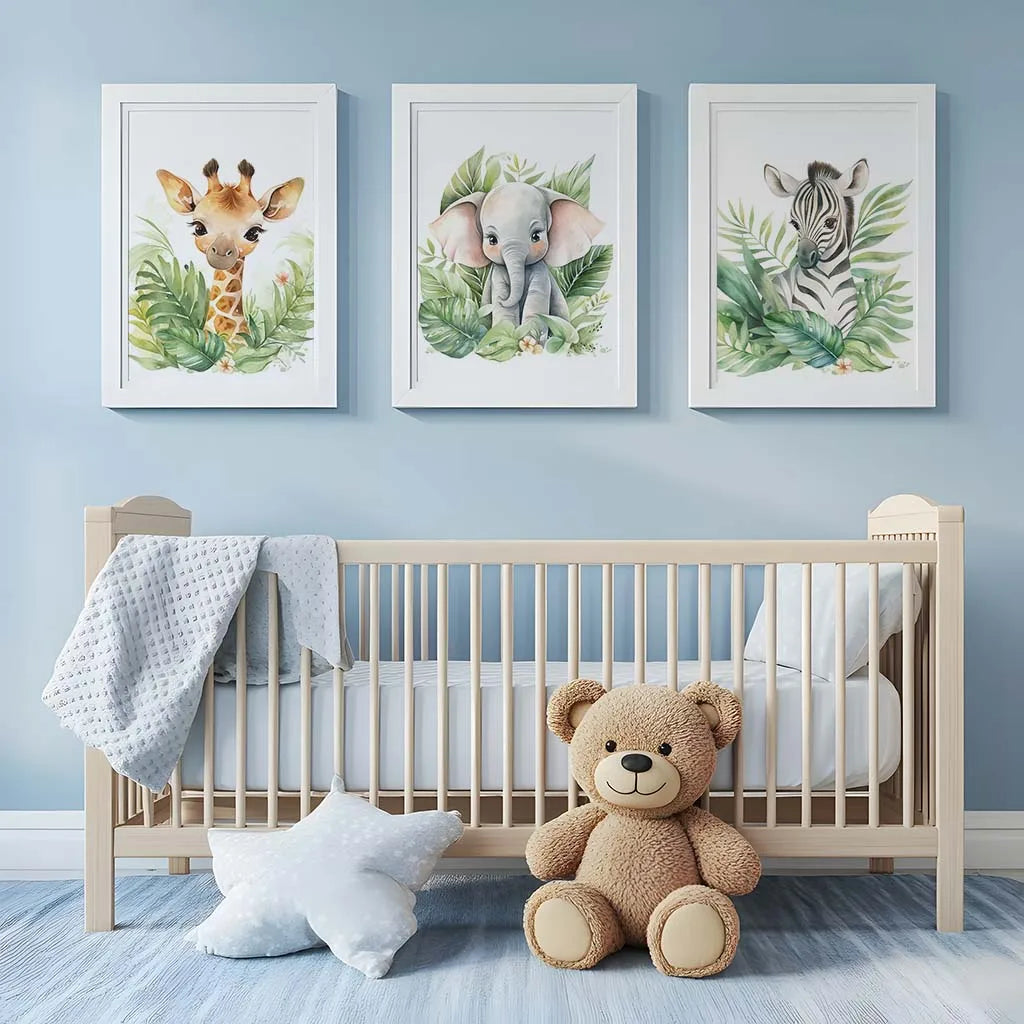Safari Animal Canvas Wall Art | Nursery Giraffe Elephant Zebra Print
