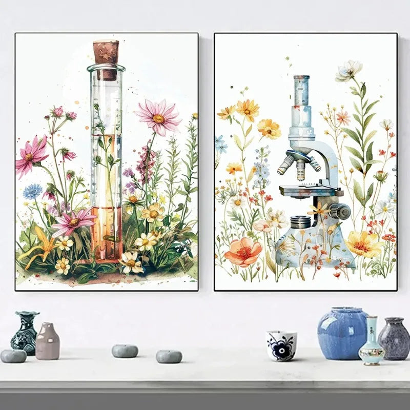 Retro Science Microscope Botanical Canvas Wall Art Poster Print